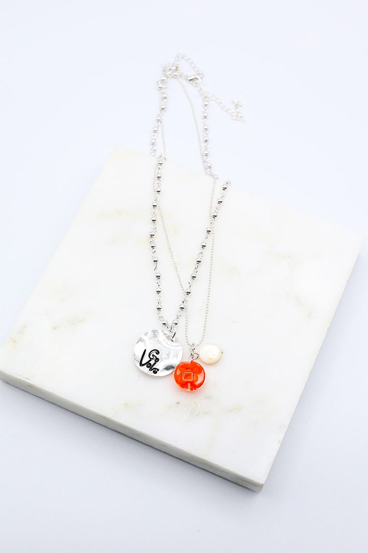 Silver Duo Necklace with Go Vols Pendant and Orange Glass