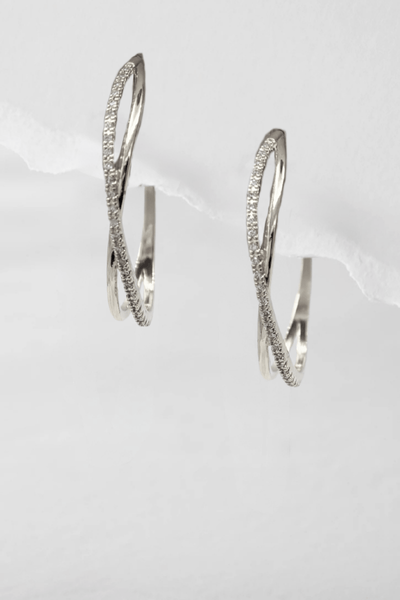 Thin Wave Interlocked CZ and Solid Strand Hoop Earrings