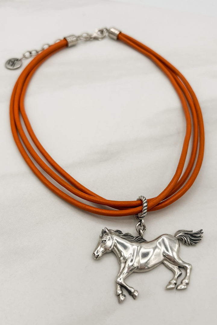 Triple Thick Strand Leather Cord Galloping Sterling Silver Horse Necklace