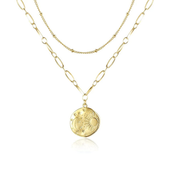 Women's 18K Gold Plated Stainless Steel Chain with Sun and Moon Charm