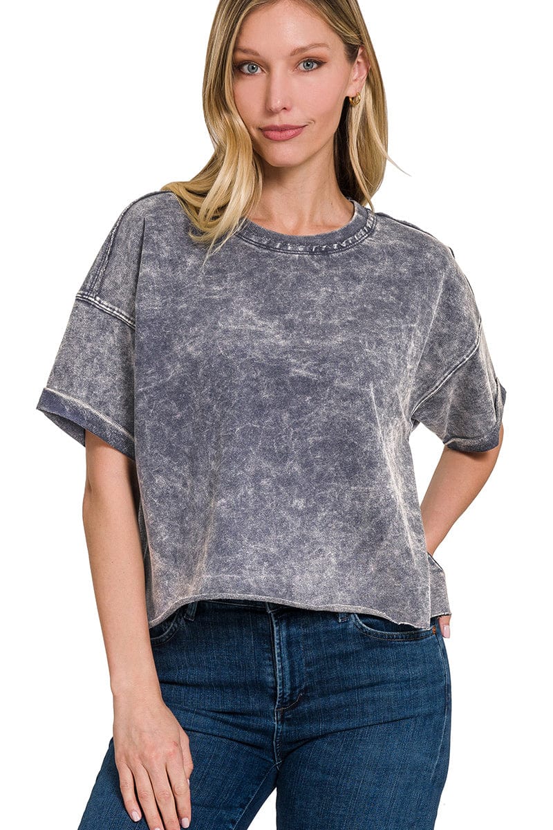 Zenana French Terry Washed Raw Edge Short Sleeve Crop Top