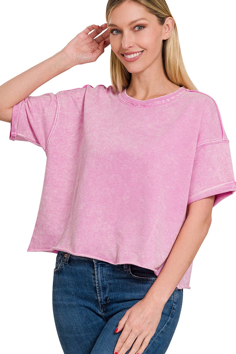 Zenana French Terry Washed Raw Edge Short Sleeve Crop Top