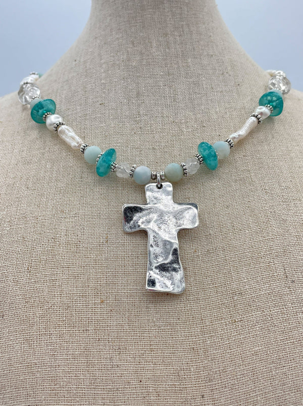 Amazonite and Freshwater Pearl Necklace with Hammered Metal Cross