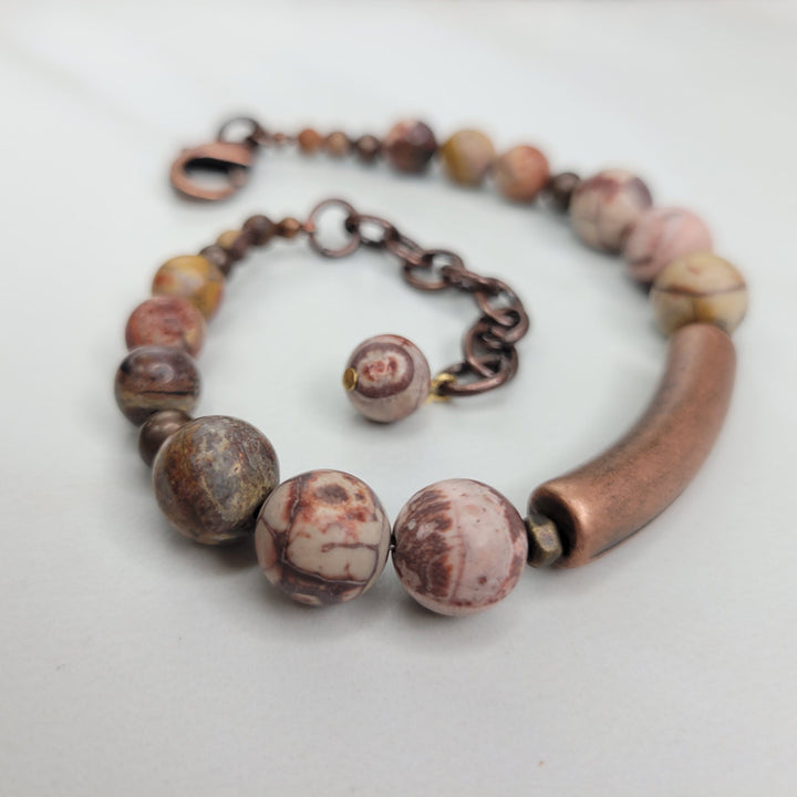 Handmade Bracelet with Matte Birdseye Rhyolite Beads and Vintage Elements