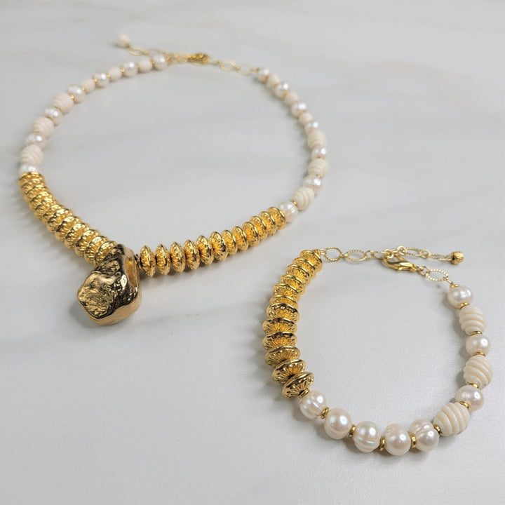 Francesca Bracelet with Gold and Ivory Vintage Beads and Freshwater Pearls