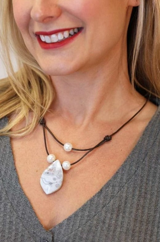 Handmade Leather Cord Necklace with Stone Pendant and Pearls