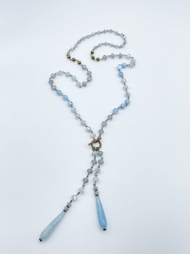 Long Beaded Necklace with Two Crystal Drop Features