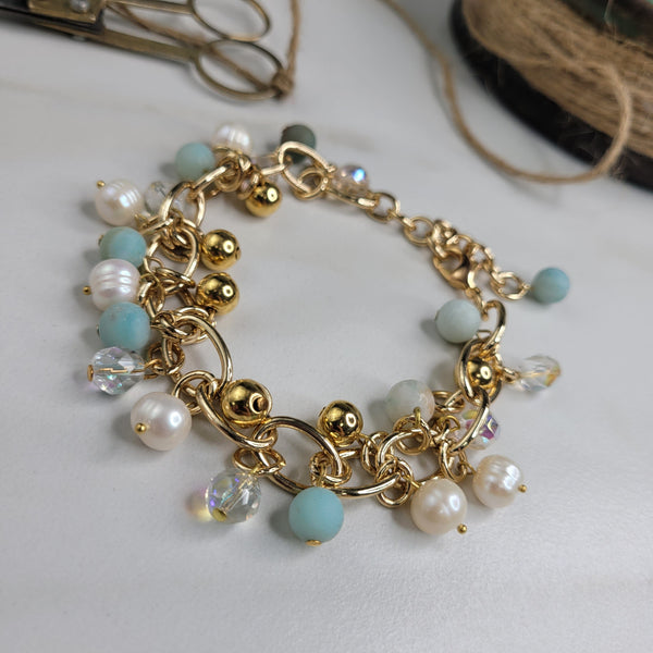 Handmade Bracelet with Amazonite, Freshwater Pearls, and Faceted Crystals