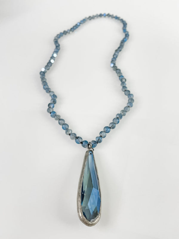 Women's Long Necklace with Large Blue Tear Drop Crystal