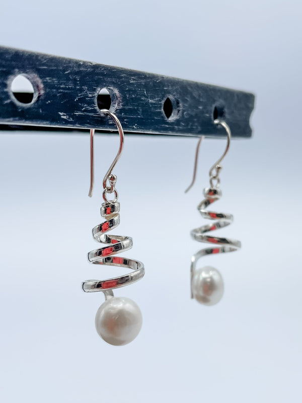 Women's Sterling Silver Swirl Earrings with Pearl