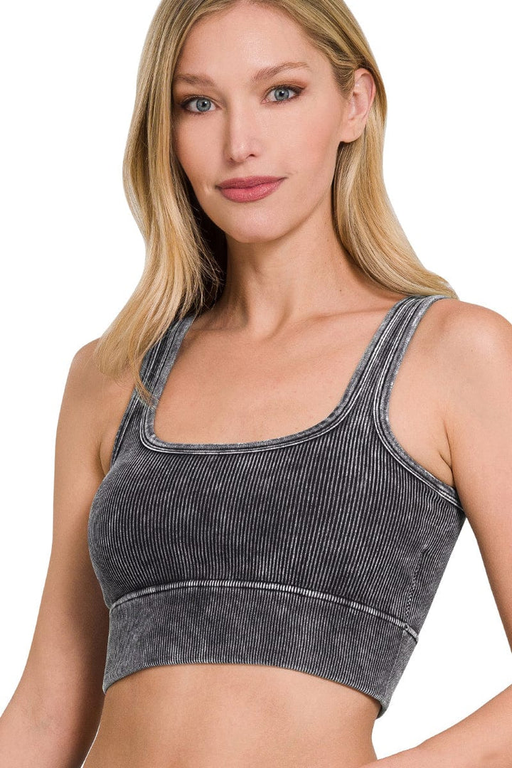 Zenana Washed Ribbed Square Neck Cropped with Bra