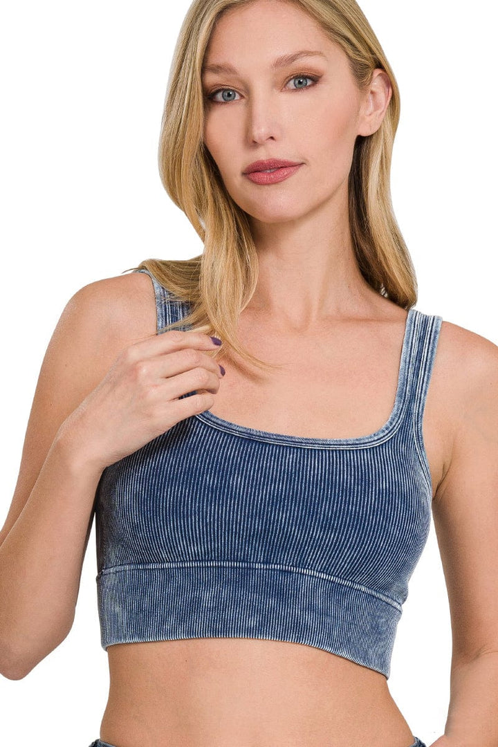 Zenana Washed Ribbed Square Neck Cropped with Bra