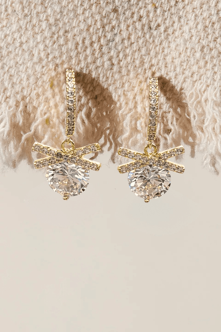 14K Gold Dipped Large CZ Dangling Stone with CZ Studded Accent Details and Huggie Hoops