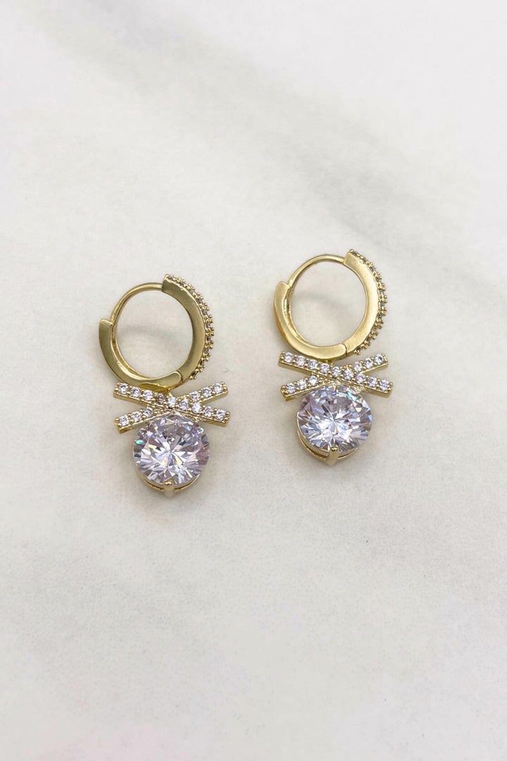 14K Gold Dipped Large CZ Dangling Stone with CZ Studded Accent Details and Huggie Hoops