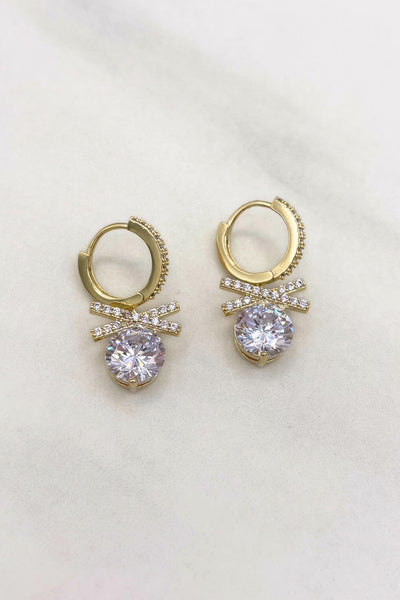 14K Gold Dipped Large CZ Dangling Stone with CZ Studded Accent Details and Huggie Hoops