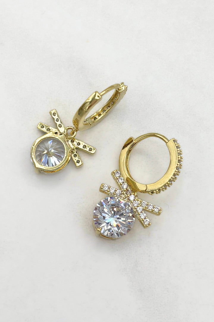 14K Gold Dipped Large CZ Dangling Stone with CZ Studded Accent Details and Huggie Hoops
