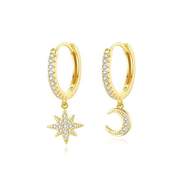 14K Gold Plated Sterling Huggie Style Moon and Star Earrings with CZs