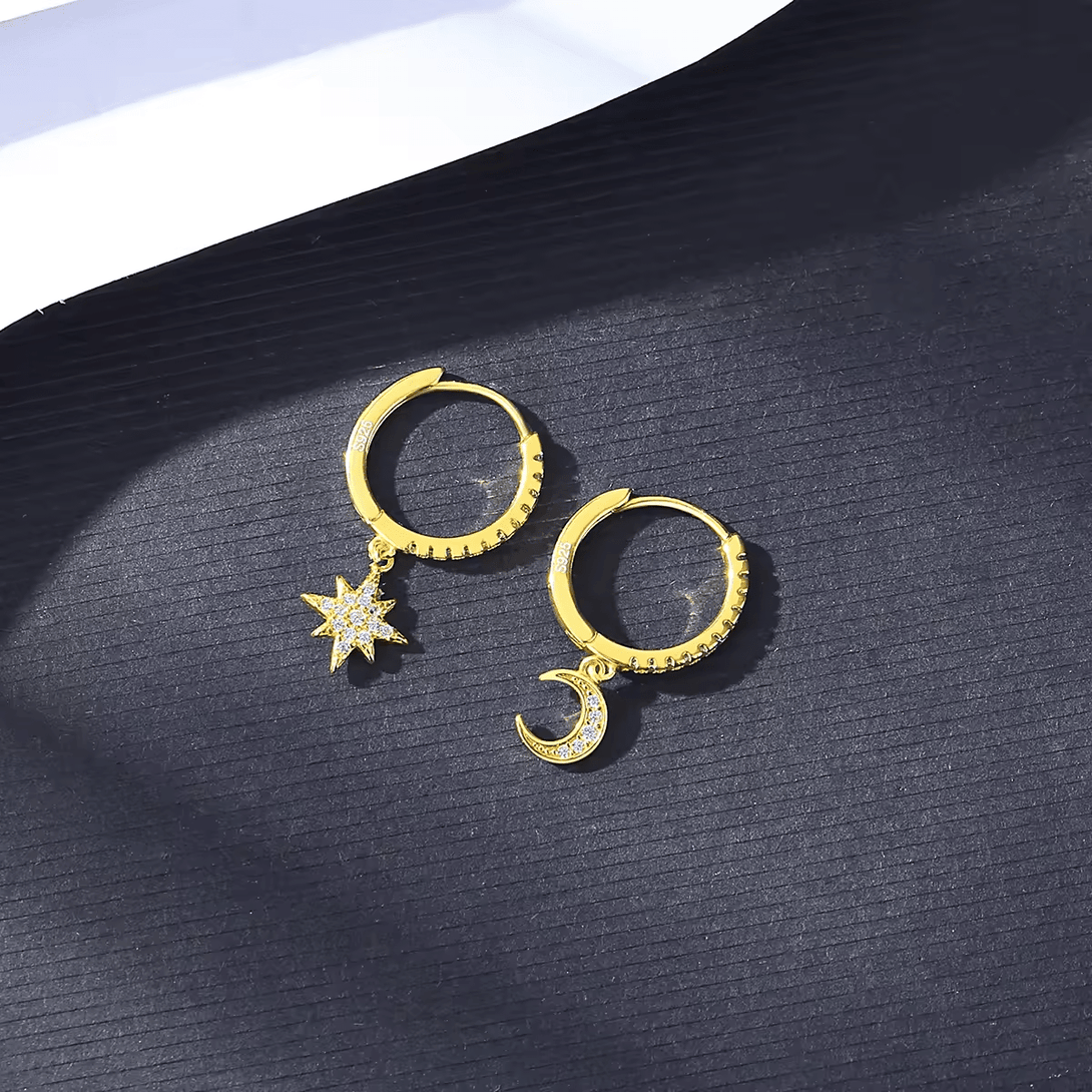 14K Gold Plated Sterling Huggie Style Moon and Star Earrings with CZs