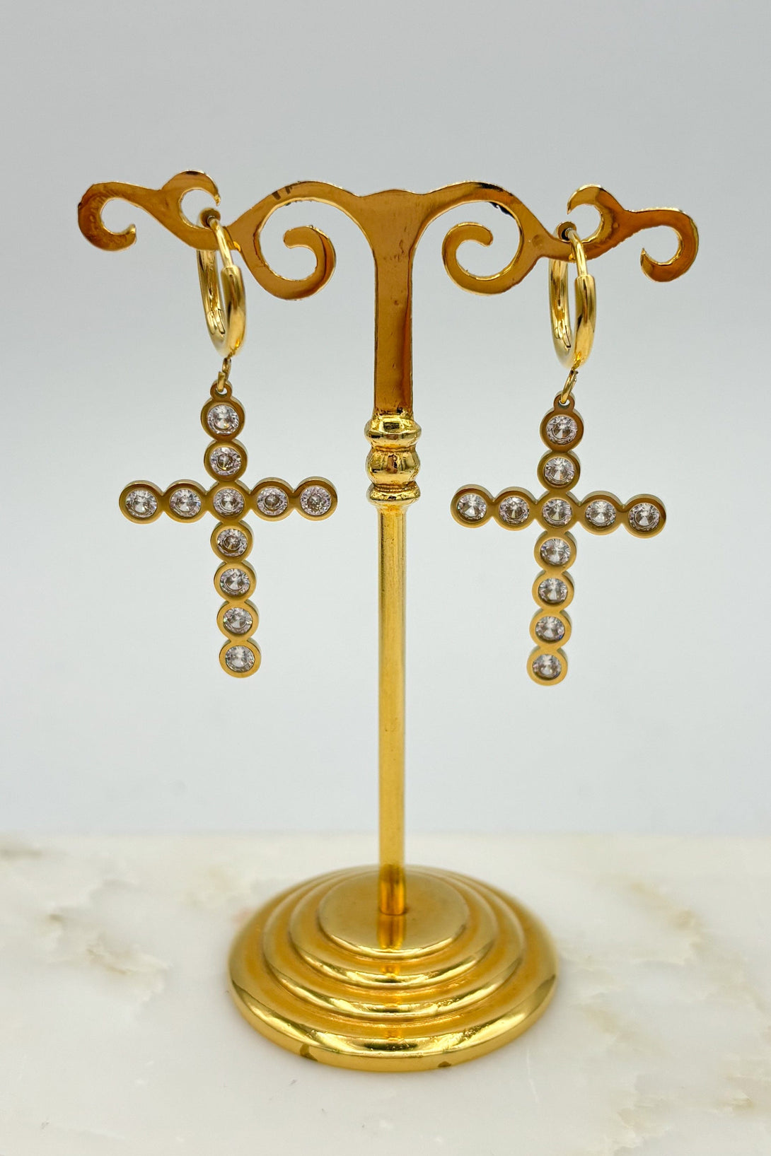 18K Gold Plated Crystal Cross Huggie Style Earrings