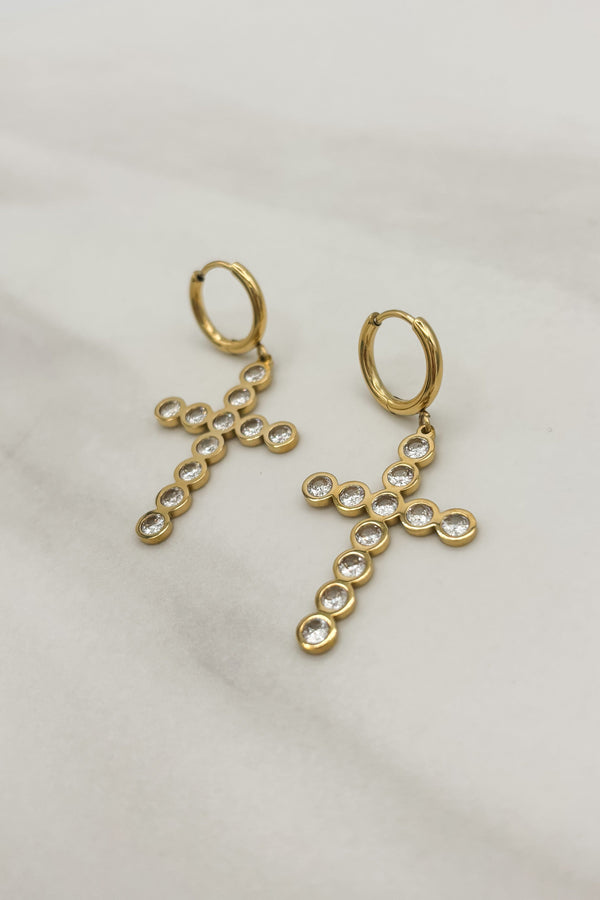 18K Gold Plated Crystal Cross Huggie Style Earrings