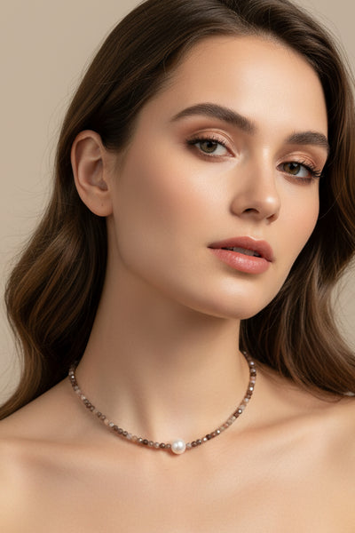 Cy Faceted Genuine Stone Beaded Necklace with Pearl Center