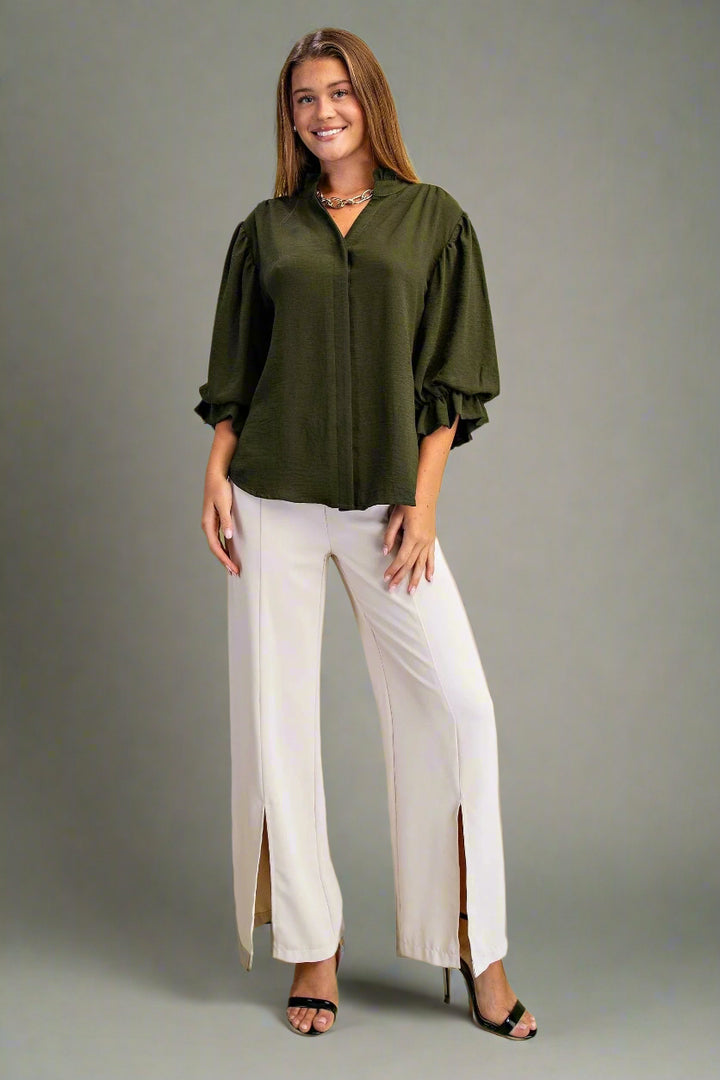 3/4 Length Gathered Balloon Sleeve Split Ruffle Neck Blouse
