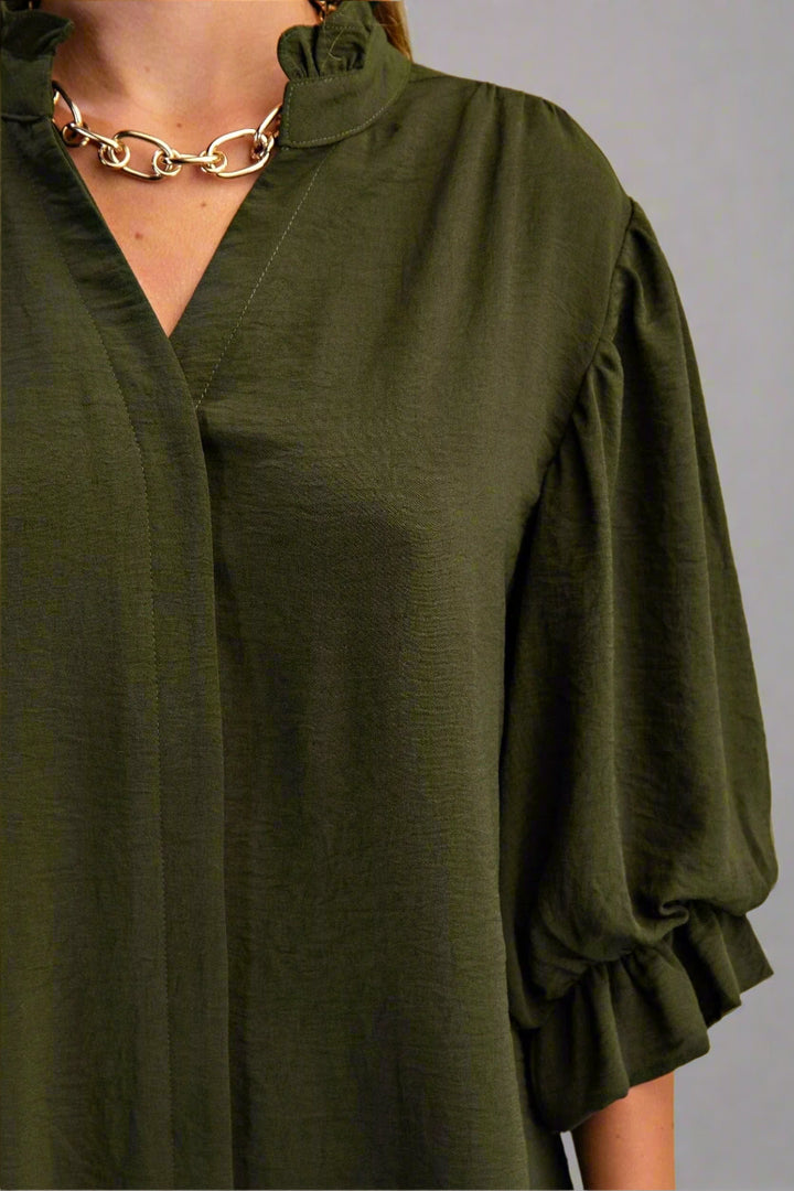 3/4 Length Gathered Balloon Sleeve Split Ruffle Neck Blouse