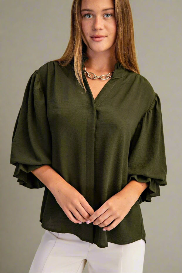 3/4 Length Gathered Balloon Sleeve Split Ruffle Neck Blouse