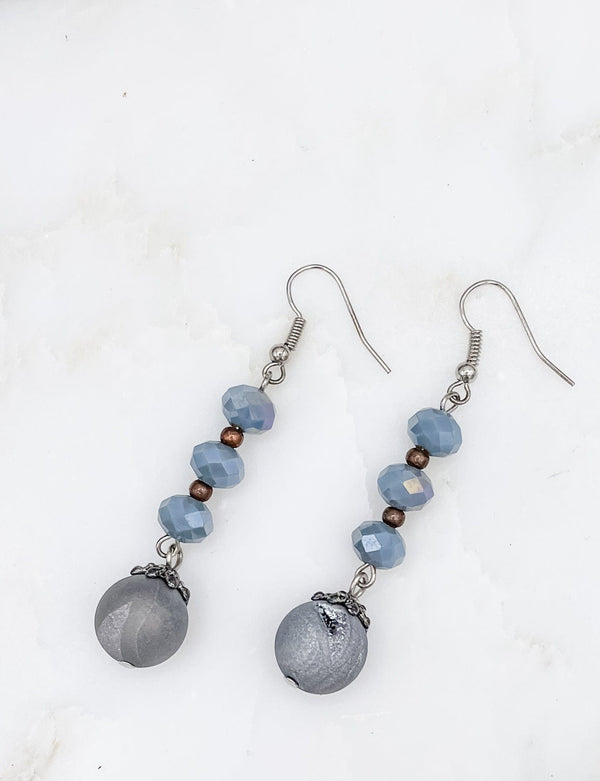 3 Bead Earring with Silver Druzy Stone