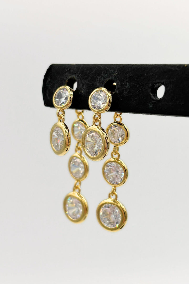 3 Round Crystal Dainty Backing and Layered 2 Drop Down Front Stud Earrings