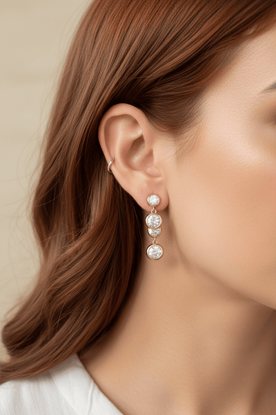 3 Round Crystal Dainty Backing and Layered 2 Drop Down Front Stud Earrings