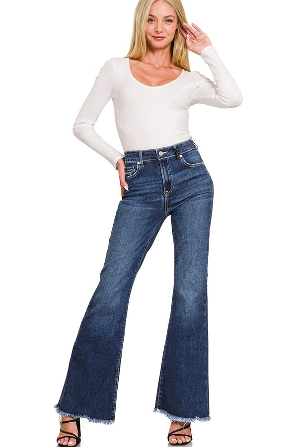 Zenana High Waist Raw Hem Bell Bottom Denim Jeans