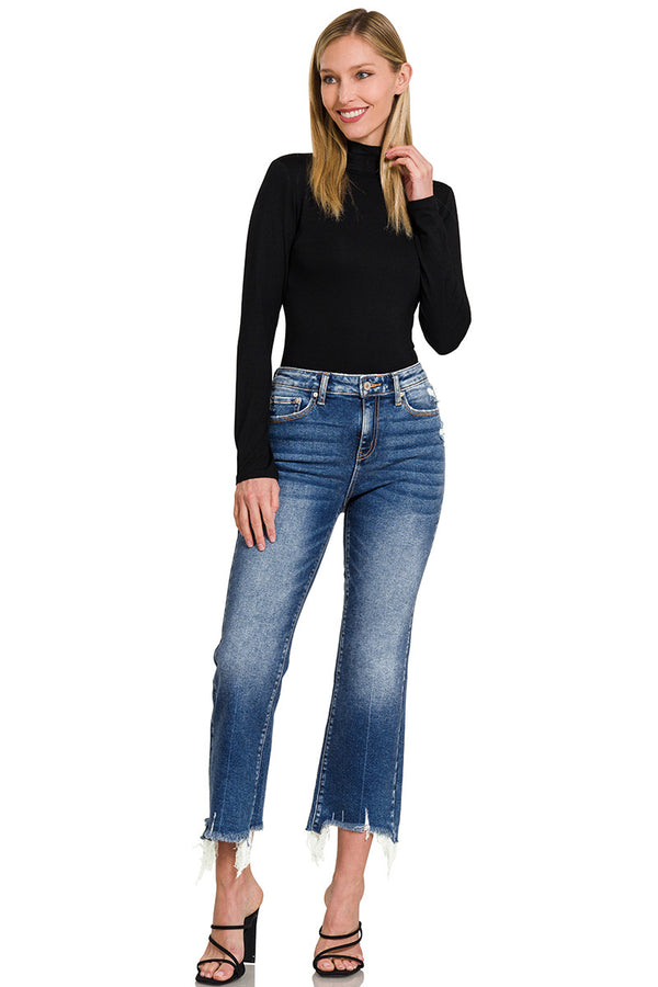 Zenana Kick Crop Flare Raw Hem Denim Jeans