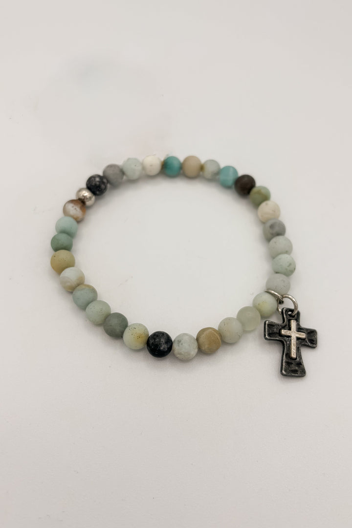 6MM Genuine Stone Bead with Elegant Cross Charm and Accent Bead