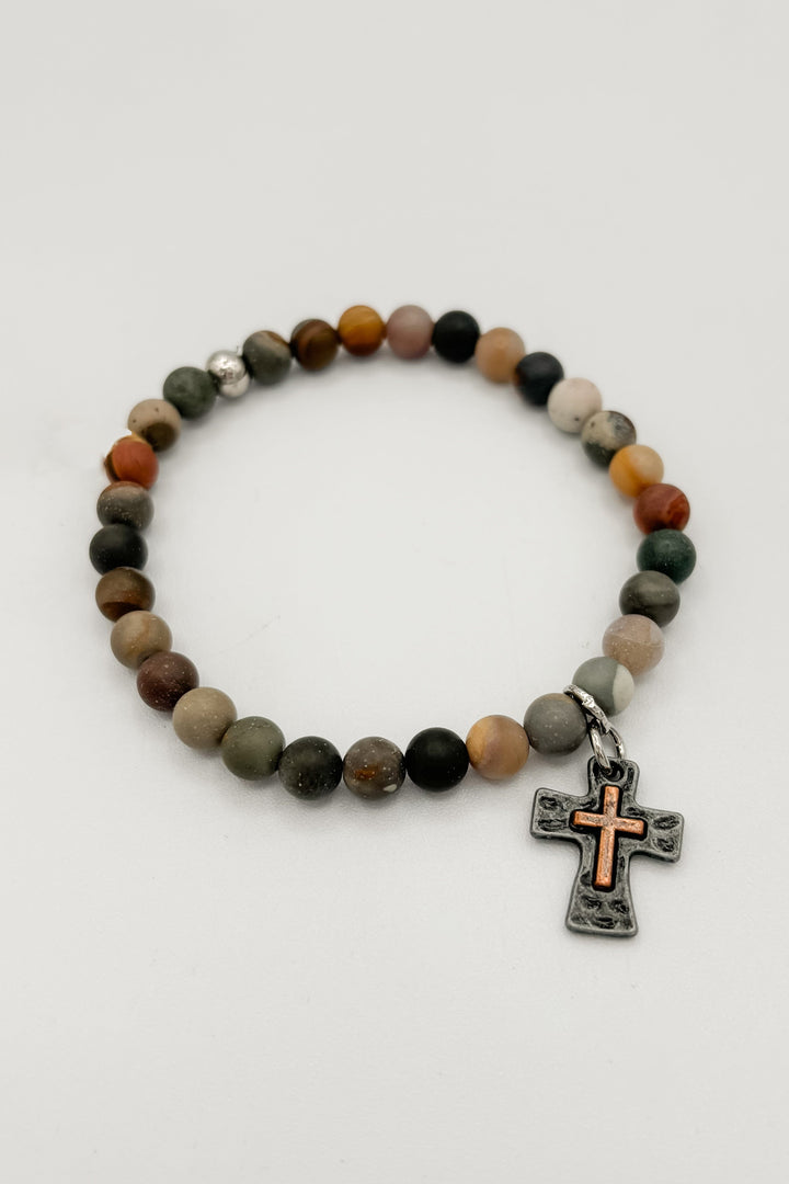 6MM Genuine Stone Bead with Elegant Cross Charm and Accent Bead