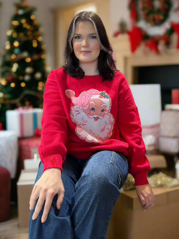 Santa Claus Glittery Faux Chenille Patch Christmas Crewneck Sweatshirt