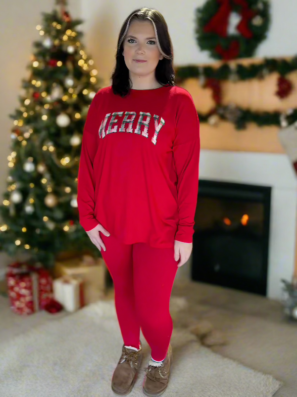 "MERRY" Christmas Plaid Lettering Round Neck Brushed Microfiber Long Sleeve Loungewear Set