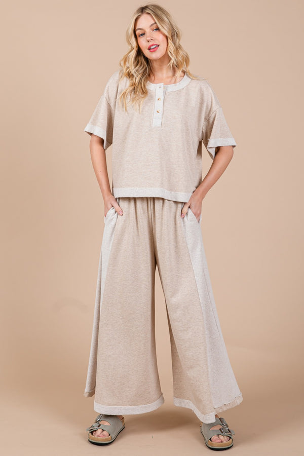 Ces Femme Knit Raw Edge Henley Neck Top and Wide Leg Flowy Pants Set