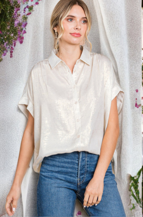 Jodifl Metallic Collared Button Up Top with Cuffed Short Sleeves