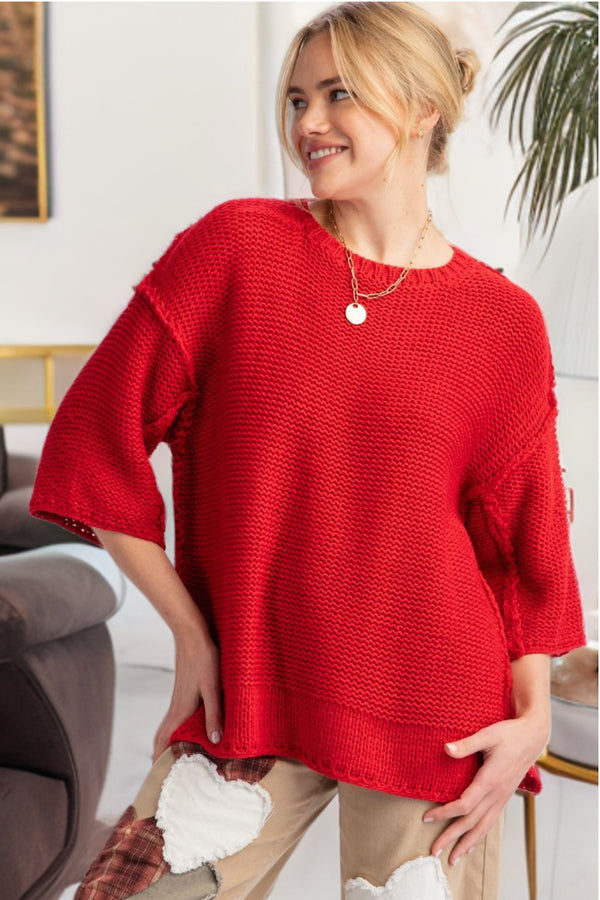 Easel Dolman Sleeve Inside Out Hem Knit Boxy Sweater Top