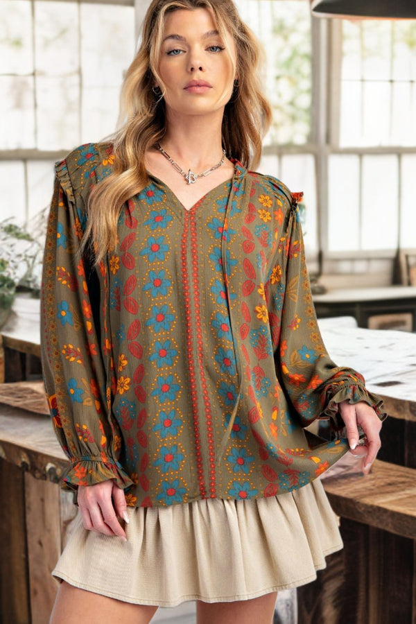 Easel Floral Printed Woven Gauze Blouse with Self Tie Split Neck