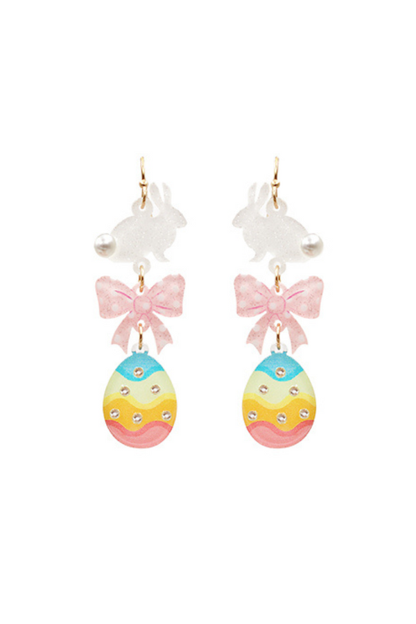 Easter Glittery Bunny, Bow, and Decorated Egg Drop Earrings