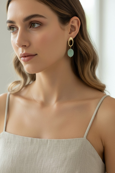 Bestla Hollow Oval and Genuine Stone Simple Post Earrings