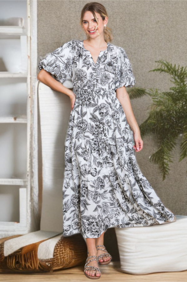 Jodifl Floral Print Tiered Slit Neck Short Puff Sleeve Maxi Dress