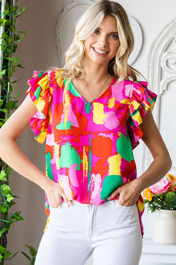 Abstract Print Keyhole Flutter Sleeve Top