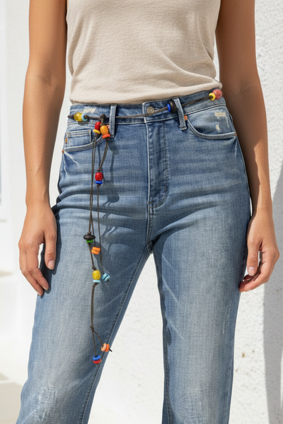 Clarice Handmade Leather Cord Tie Belt with Multicolor Bead Mix