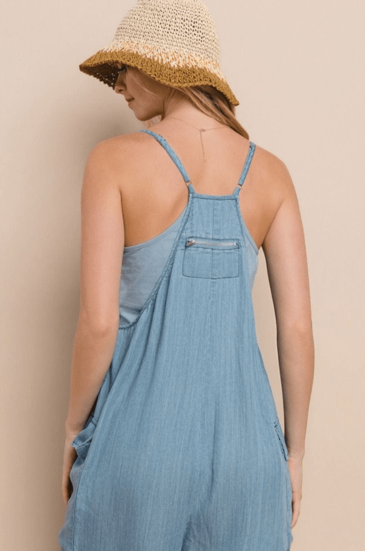 Acid Washed Adjustable Strap Chambray Oversized Jumpsuit with Back and Side Pockets