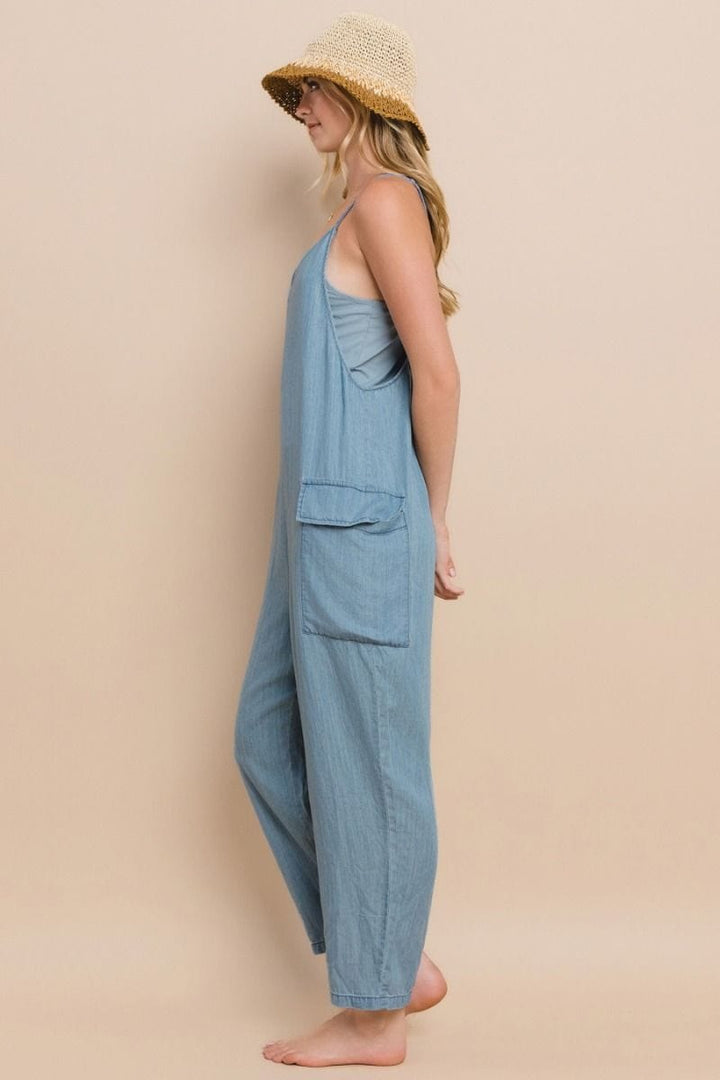 Acid Washed Chambray Oversized Jumpsuit with Front and Side Pockets