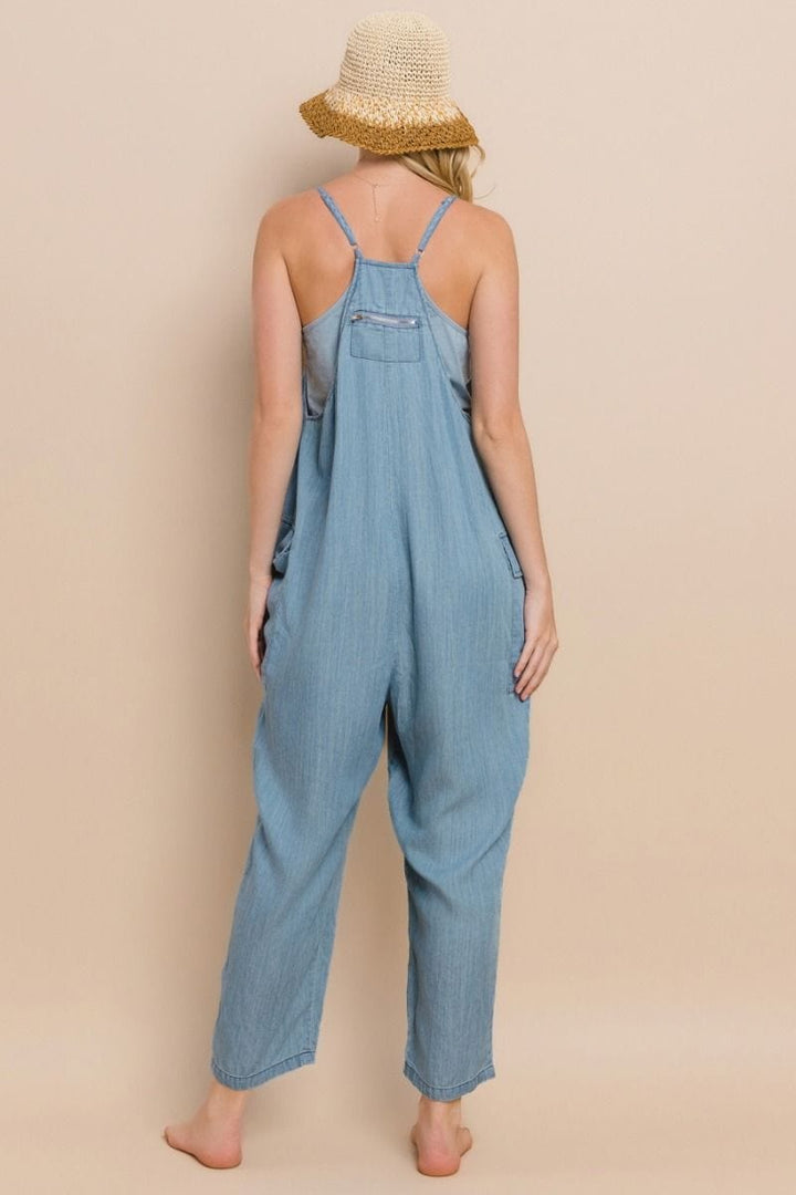 Acid Washed Chambray Oversized Jumpsuit with Front and Side Pockets