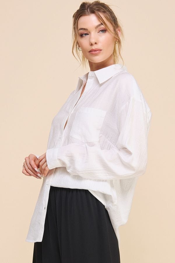 Allie Rose Easy Textured Woven Button Front Shirt With Pockets